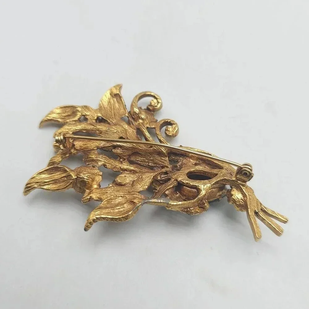 Vintage Gold Tone Floral Brooch With Multicolor Rhinestones Heavy 1960s